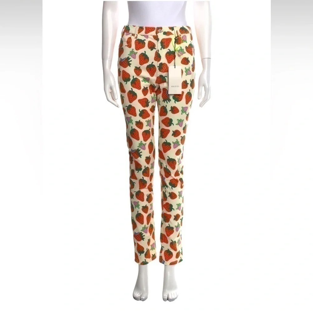 GUCCI Maximalist Luxury Spring Fruit Strawberry Skinny Cotton Twill Pants 25 NWT - Picture 6 of 13